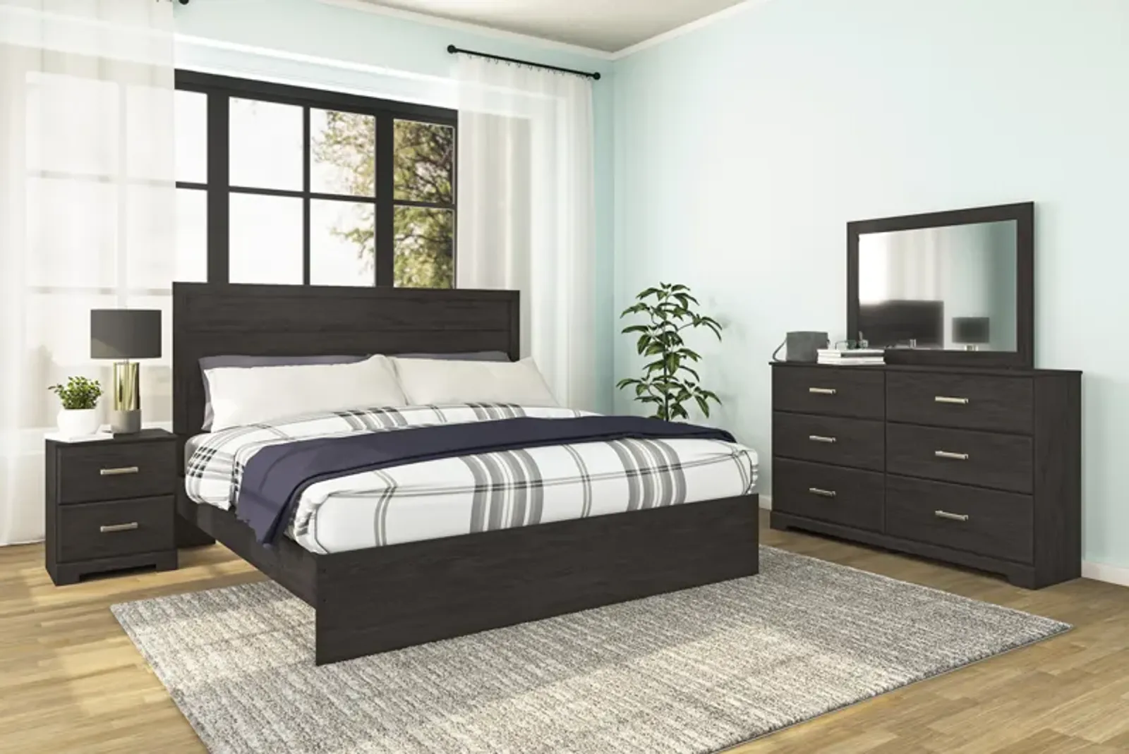 Stelsie Panel Bed, Dresser, Mirror & Nightstand in Charcoal, Eastern King