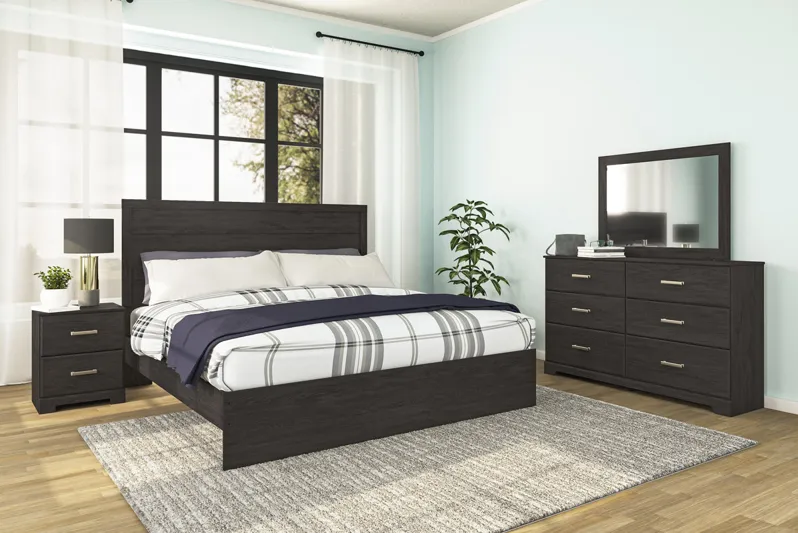 Stelsie Panel Bed, Dresser, Mirror & Nightstand in Charcoal, Eastern King