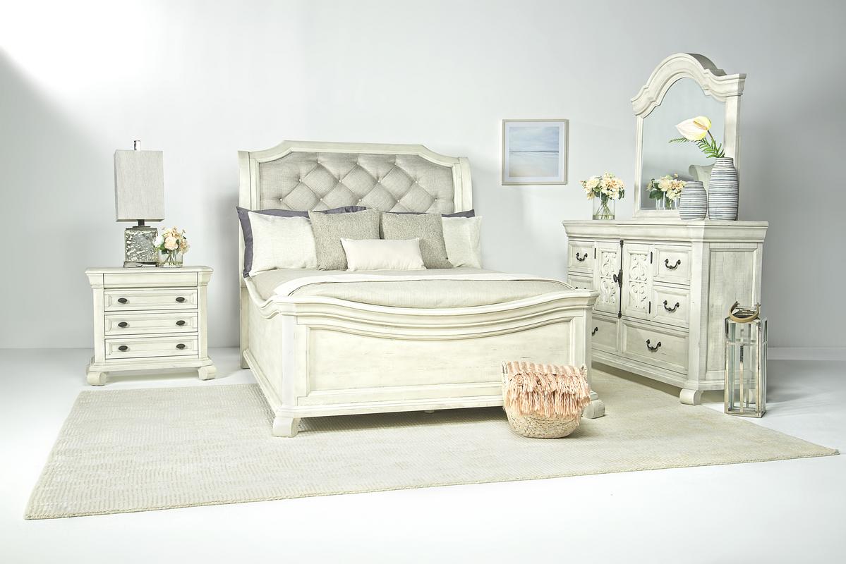 Bellamy Sleigh Bed, Dresser & Mirror in White, Eastern King