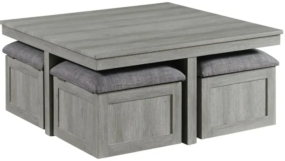 Dawson Coffee Table w/ 4 Storage Stools in Gray