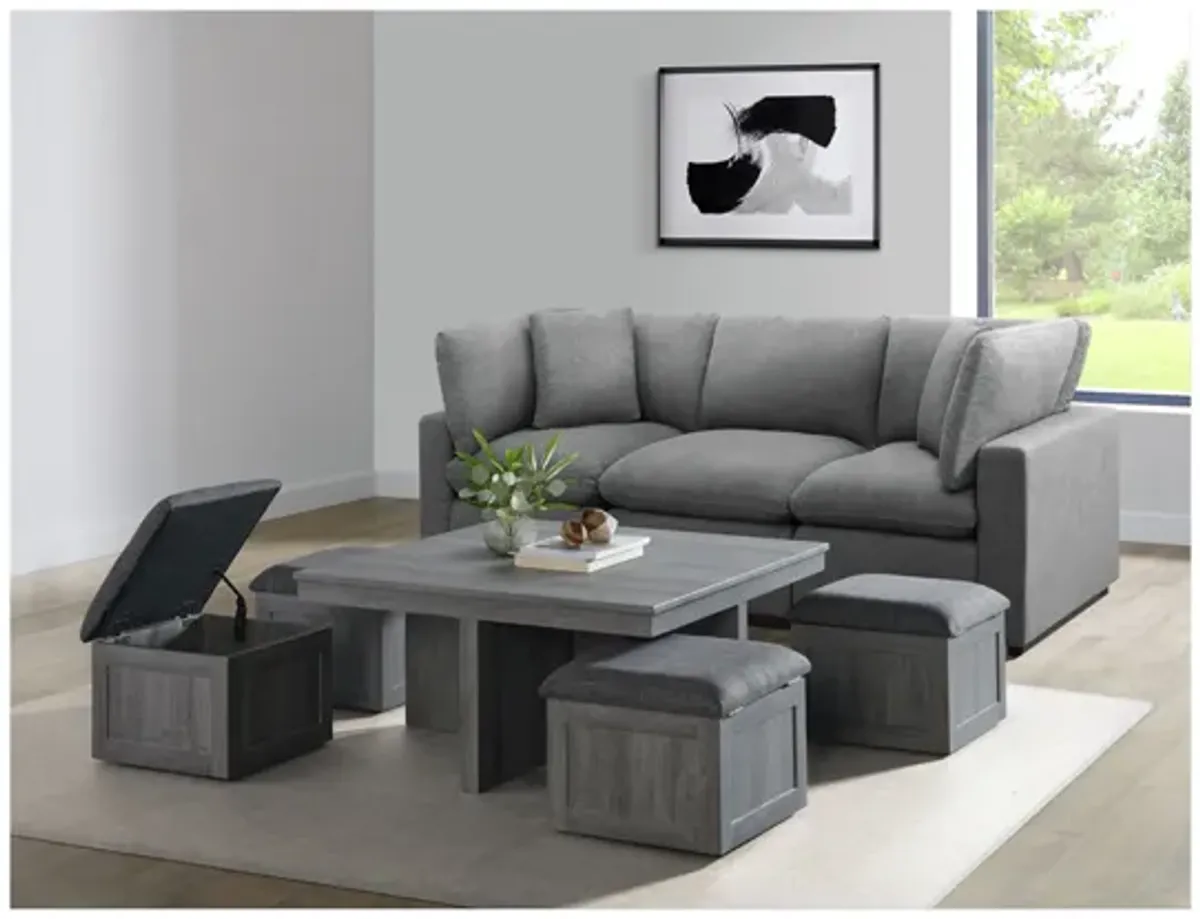 Dawson Coffee Table w/ 4 Storage Stools in Gray