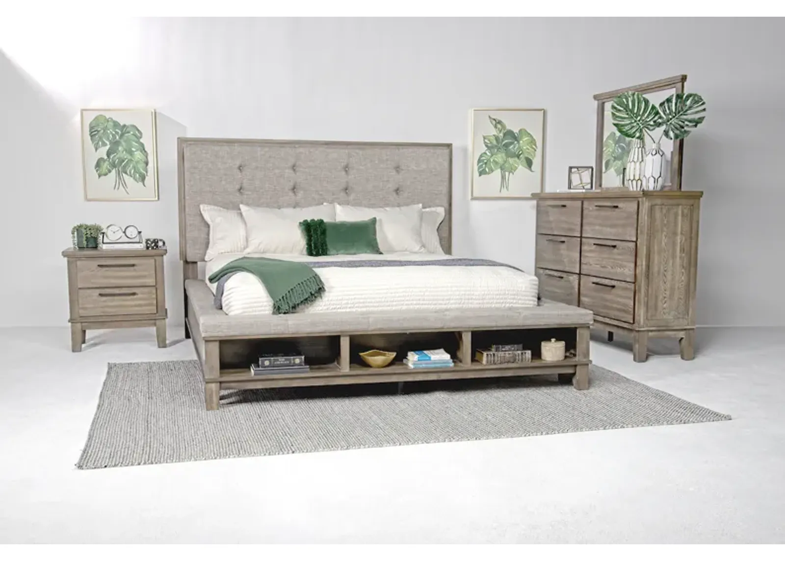 Cagney Upholstered Panel Bed w/ Storage, Dresser, Mirror & Nightstand in Gray, Eastern King