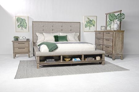 Cagney Upholstered Panel Bed w/ Storage, Dresser, Mirror & Nightstand in Gray, Eastern King