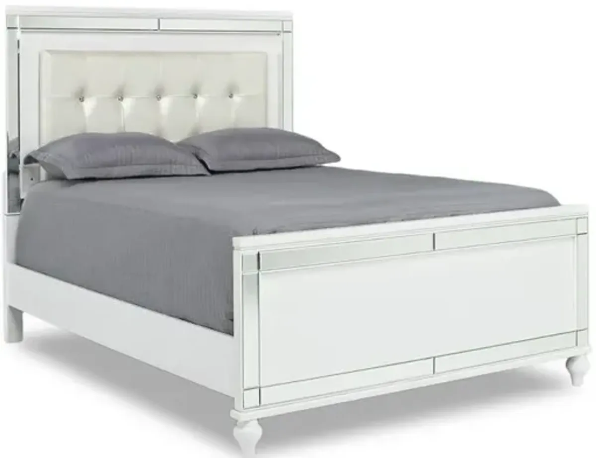 Valentino Panel Bed, Dresser, Mirror & Nightstand in White, Full