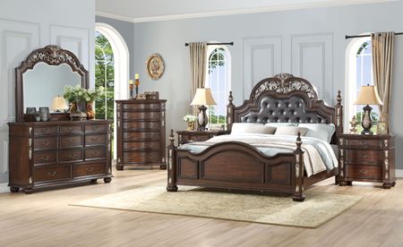 Maximus Upholstered Panel Bed, Dresser & Mirror in Madeira, CA King