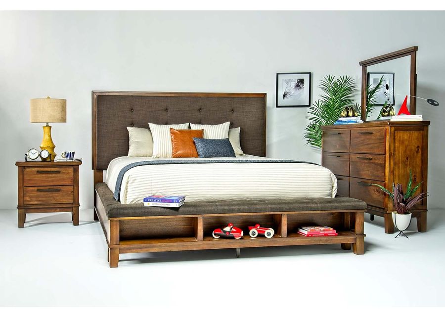 Cagney Upholstered Panel Bed w/ Storage, Dresser & Mirror in Brown, Queen