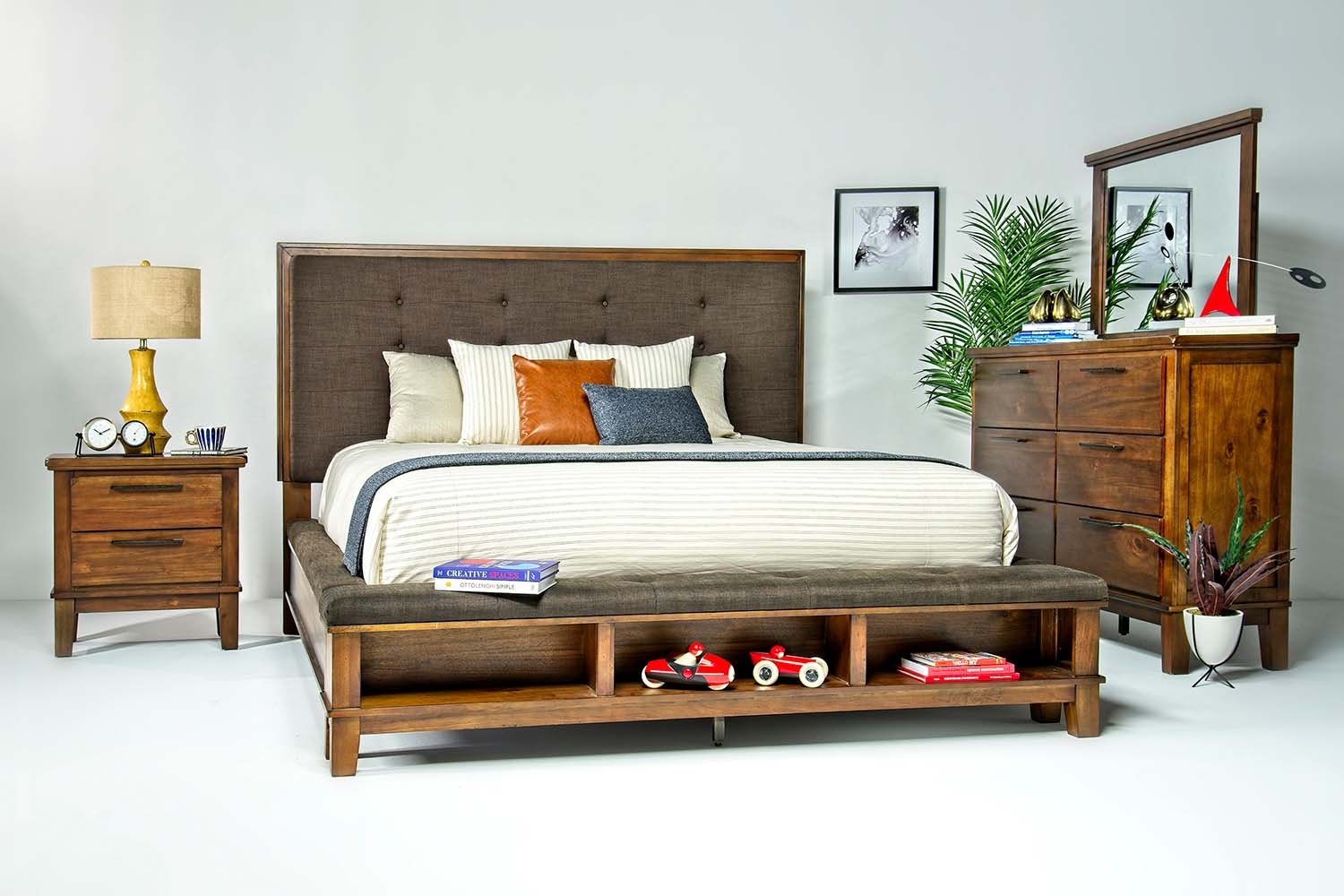 Cagney Upholstered Panel Bed w/ Storage, Dresser & Mirror in Brown, Queen