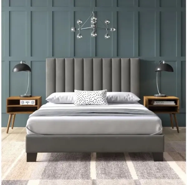 Coyote Upholstered Bed & 2 Nightstands in Gray, Queen