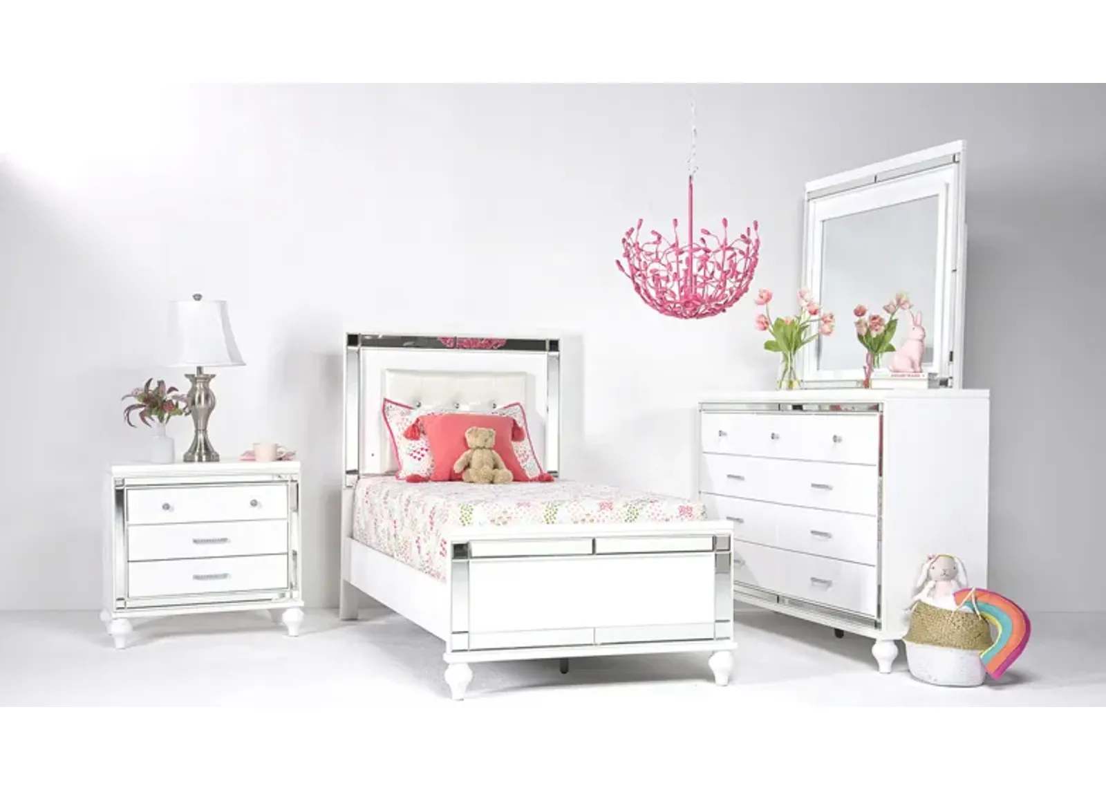 Valentino Panel Bed, Dresser, Mirror & Nightstand in White, Twin