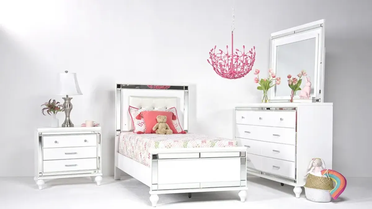 Valentino Panel Bed, Dresser, Mirror & Nightstand in White, Twin