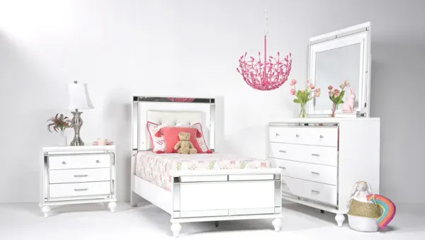 Valentino Panel Bed, Dresser, Mirror & Nightstand in White, Twin