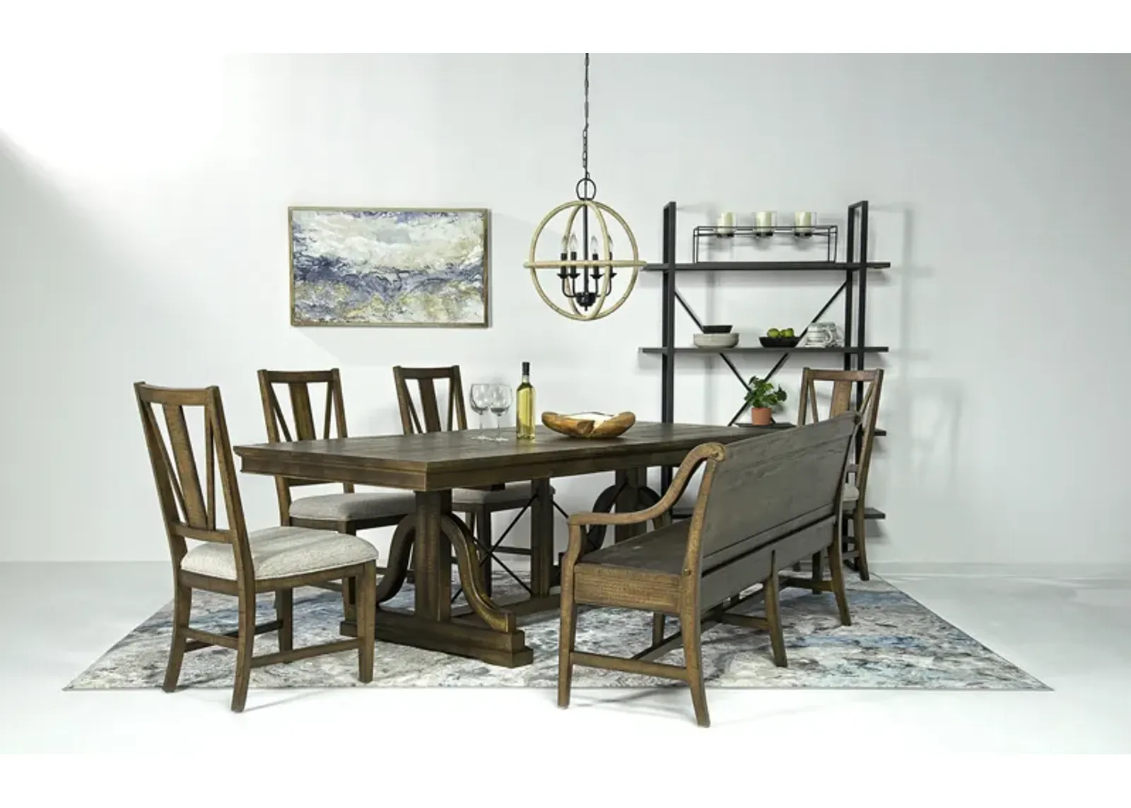 Bay Creek Extendable Dining Table, 4 V-Back Chairs & High Back Bench in Toasted Nutmeg