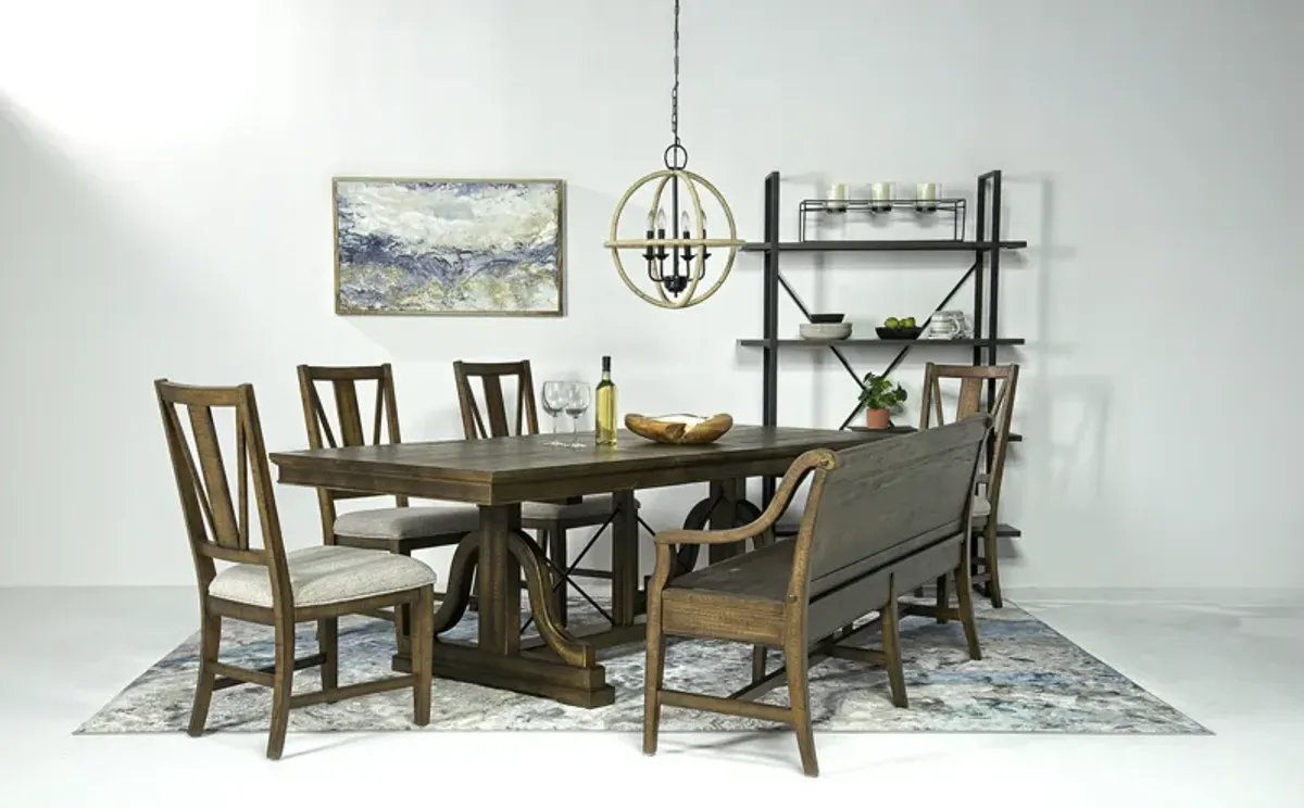 Bay Creek Extendable Dining Table, 4 V-Back Chairs & High Back Bench in Toasted Nutmeg