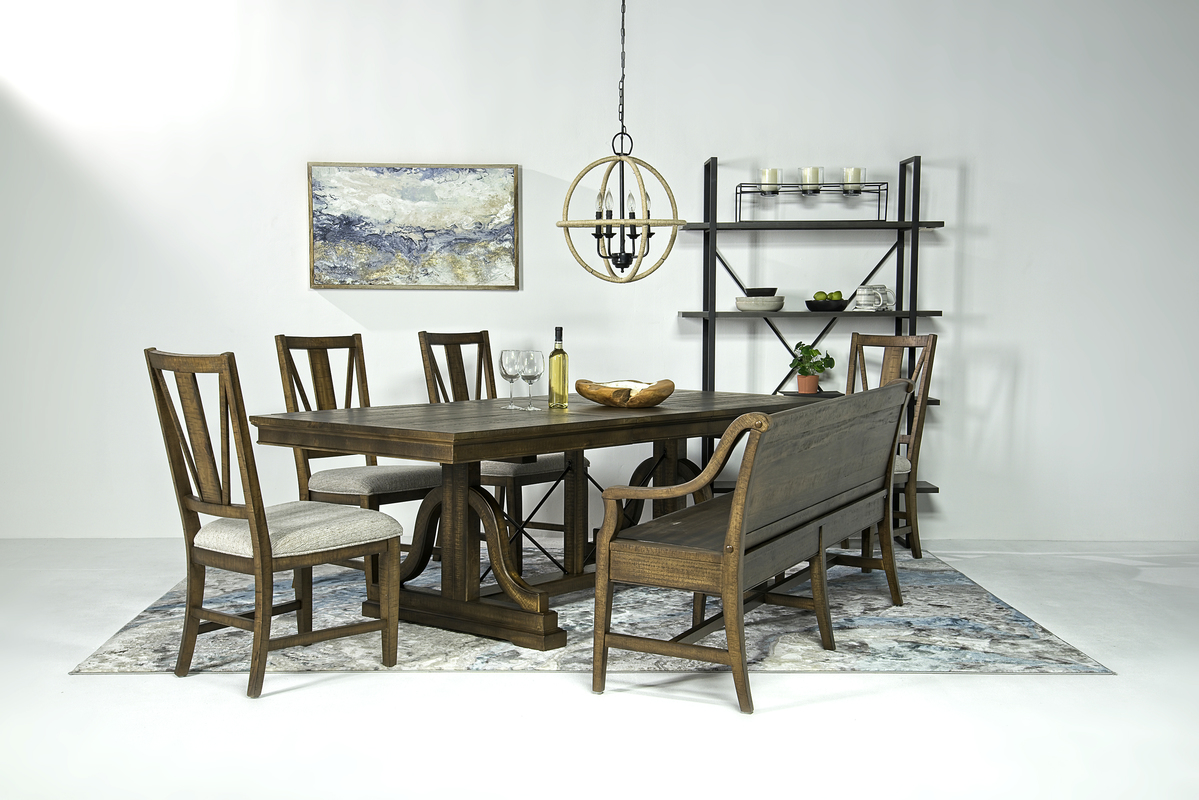 Bay Creek Extendable Dining Table, 4 V-Back Chairs & High Back Bench in Toasted Nutmeg