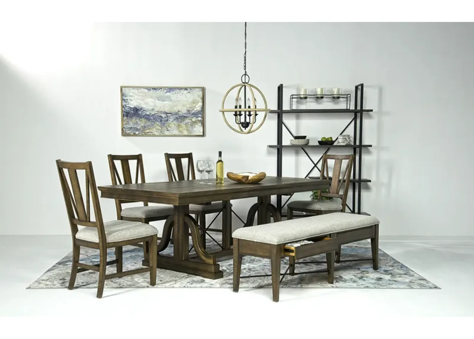 Bay Creek Extendable Dining Table, 4 V-Back Chairs & Bench in Toasted Nutmeg