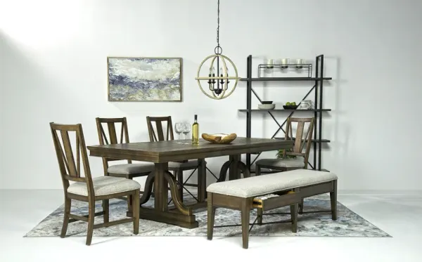 Bay Creek Extendable Dining Table, 4 V-Back Chairs & Bench in Toasted Nutmeg