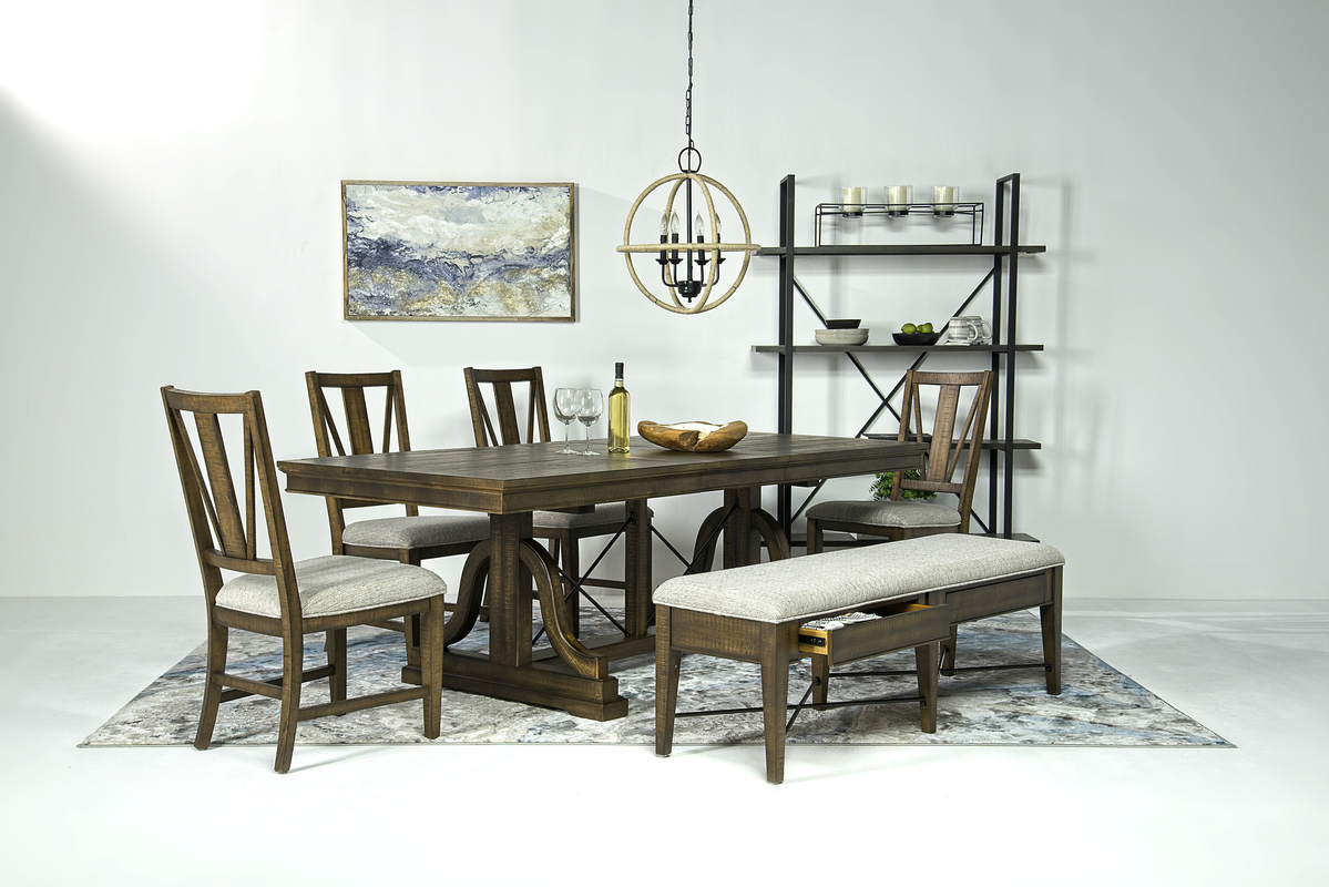 Bay Creek Extendable Dining Table, 4 V-Back Chairs & Bench in Toasted Nutmeg