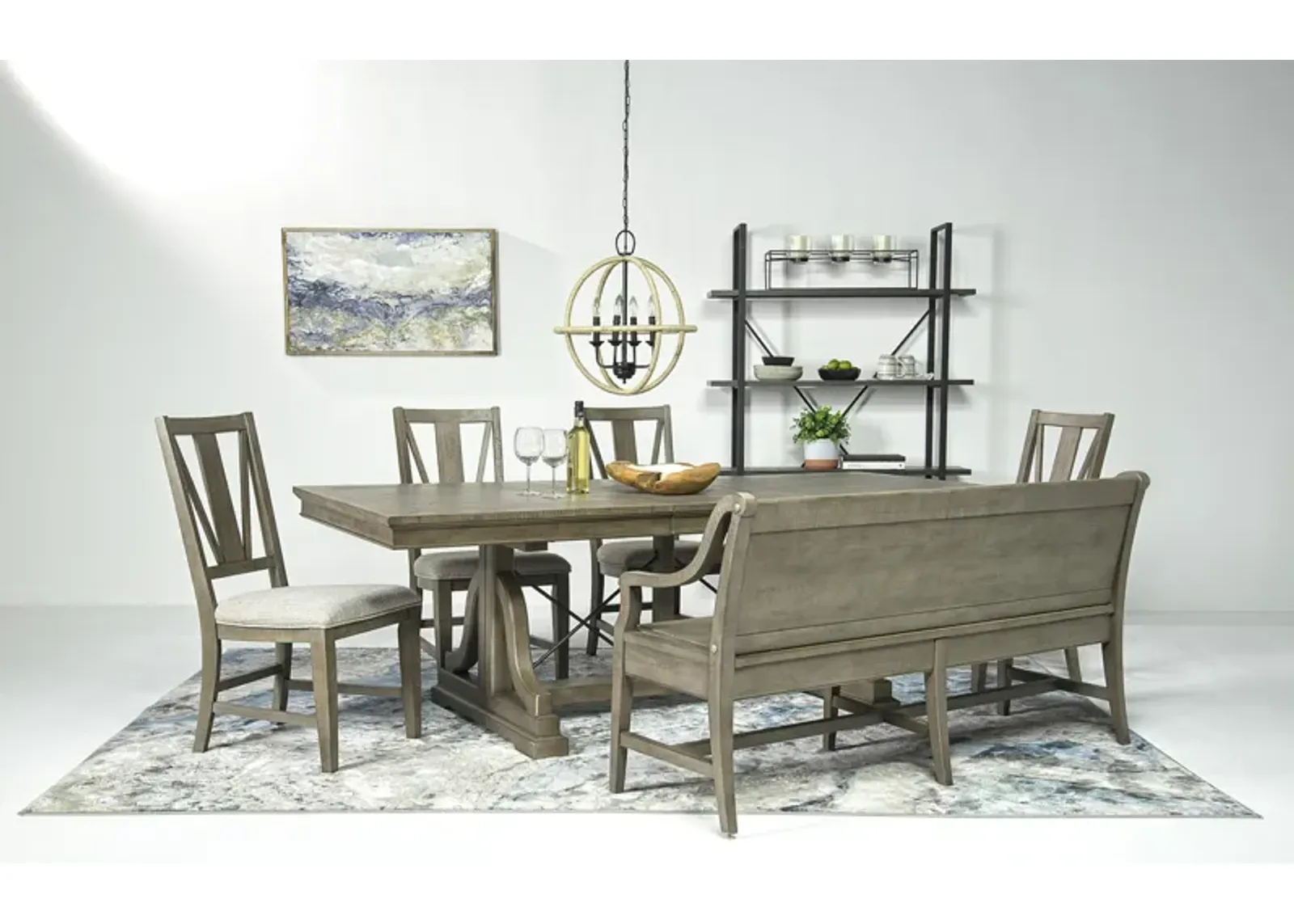 Bay Creek Extendable Dining Table, 4 V-Back Chairs & High Back Bench in Light Gray