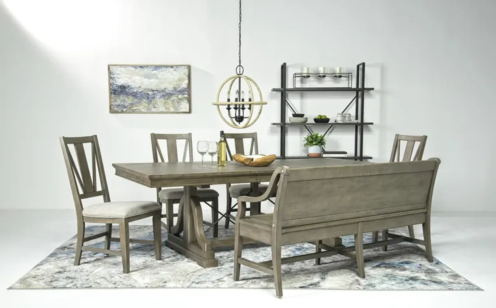 Bay Creek Extendable Dining Table, 4 V-Back Chairs & High Back Bench in Light Gray