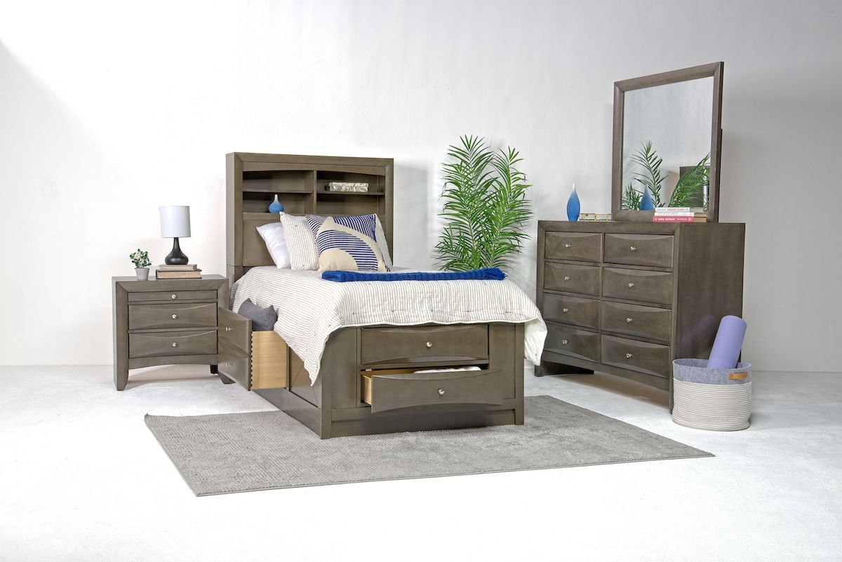 Remi Bookcase Bed w/ Storage, Dresser & Mirror in Gray, Twin