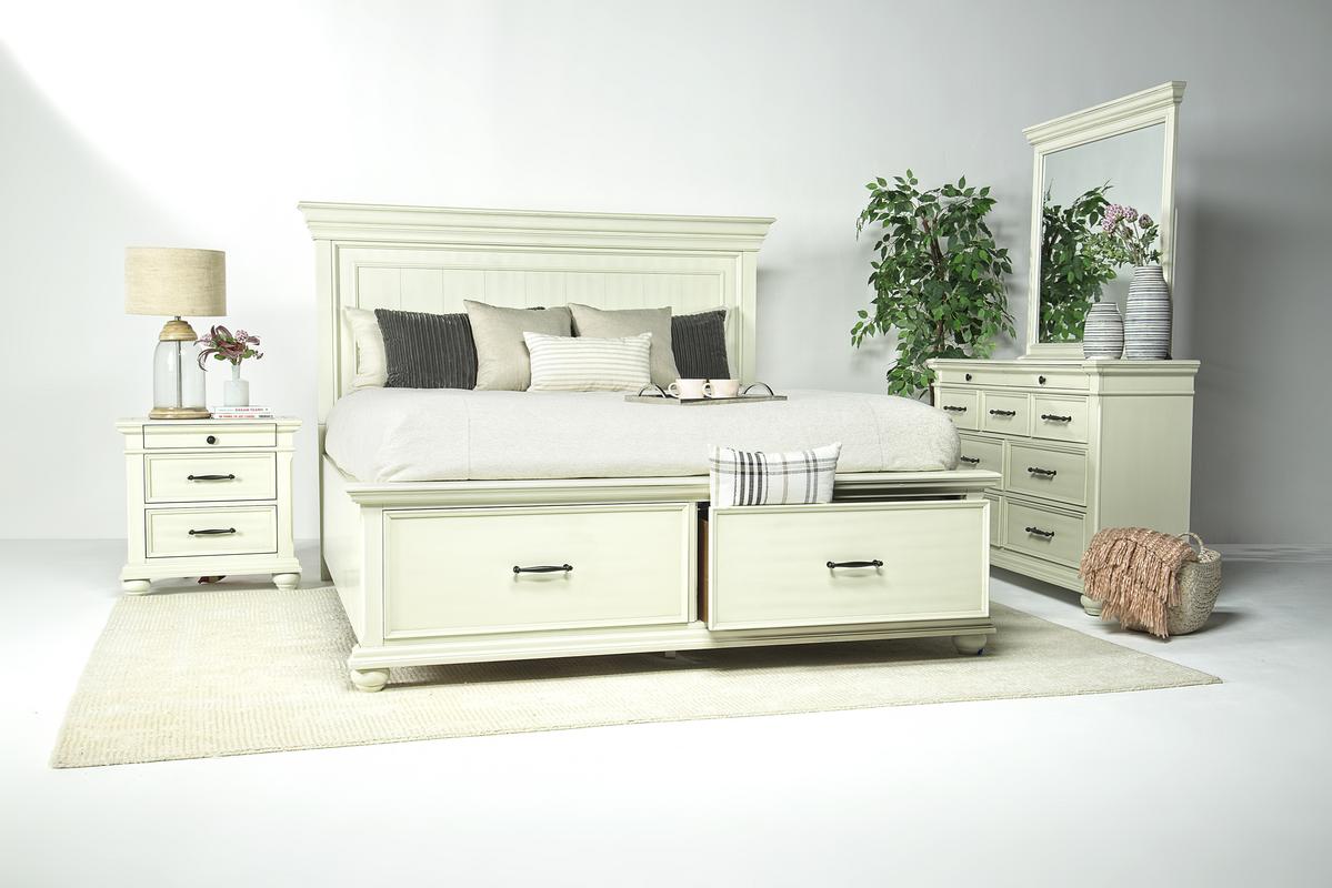 Slater Panel Bed w/ Storage, Dresser & Mirror in White, Eastern King