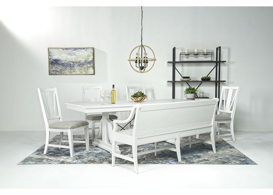 Bay Creek Extendable Dining Table, 4 V-Back Chairs & High Back Bench in Chalk White