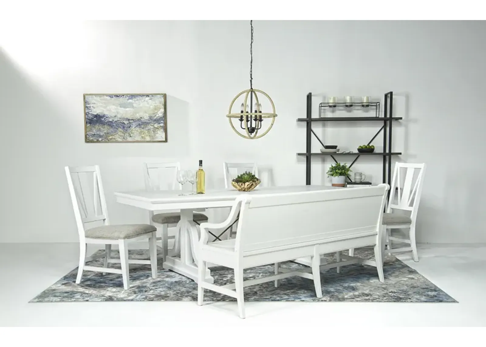 Bay Creek Extendable Dining Table, 4 V-Back Chairs & High Back Bench in Chalk White