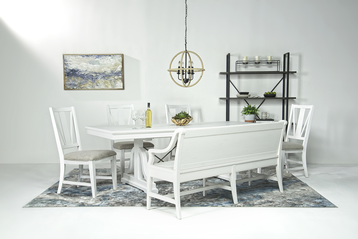 Bay Creek Extendable Dining Table, 4 V-Back Chairs & High Back Bench in Chalk White