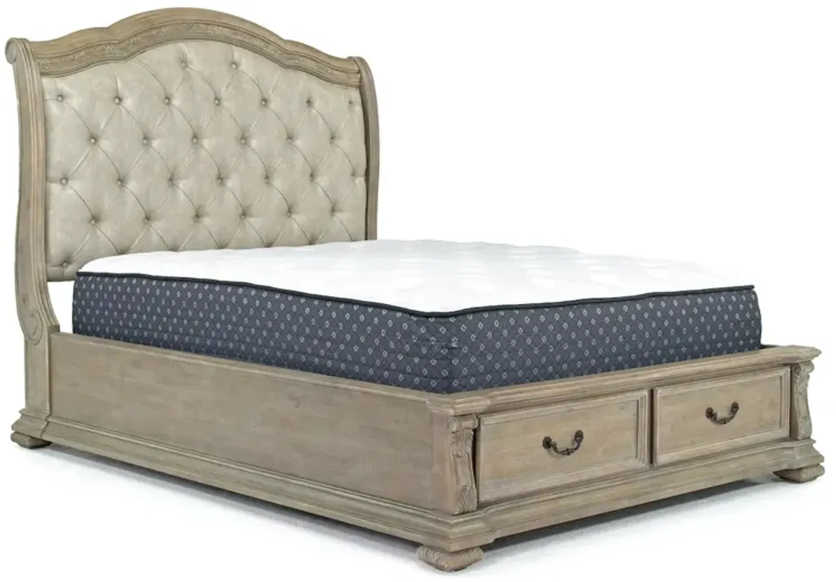 Durango Upholstered Sleigh Bed w/ Storage, Dresser & Mirror in Fawn, Queen