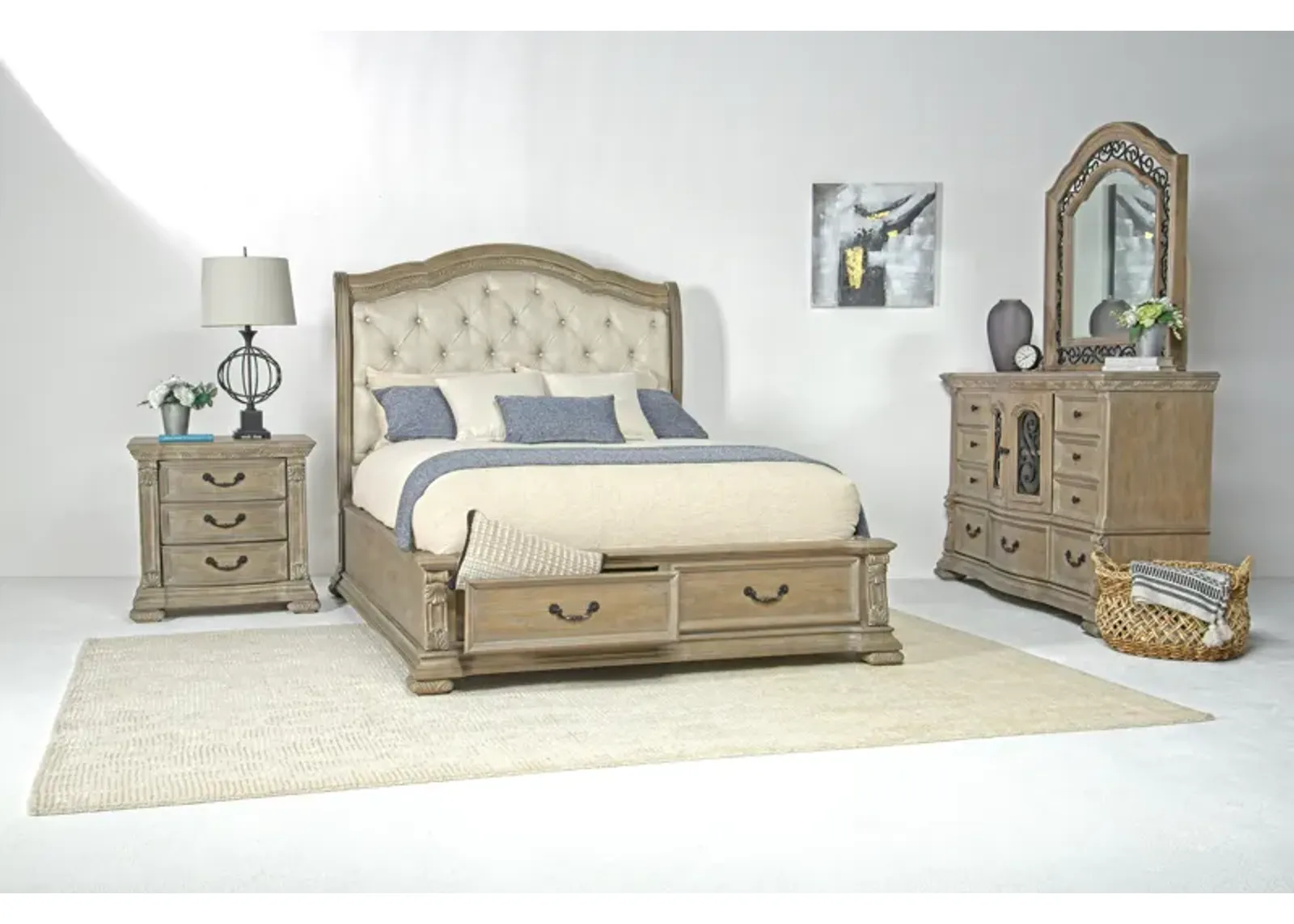 Durango Upholstered Sleigh Bed w/ Storage, Dresser & Mirror in Fawn, Queen