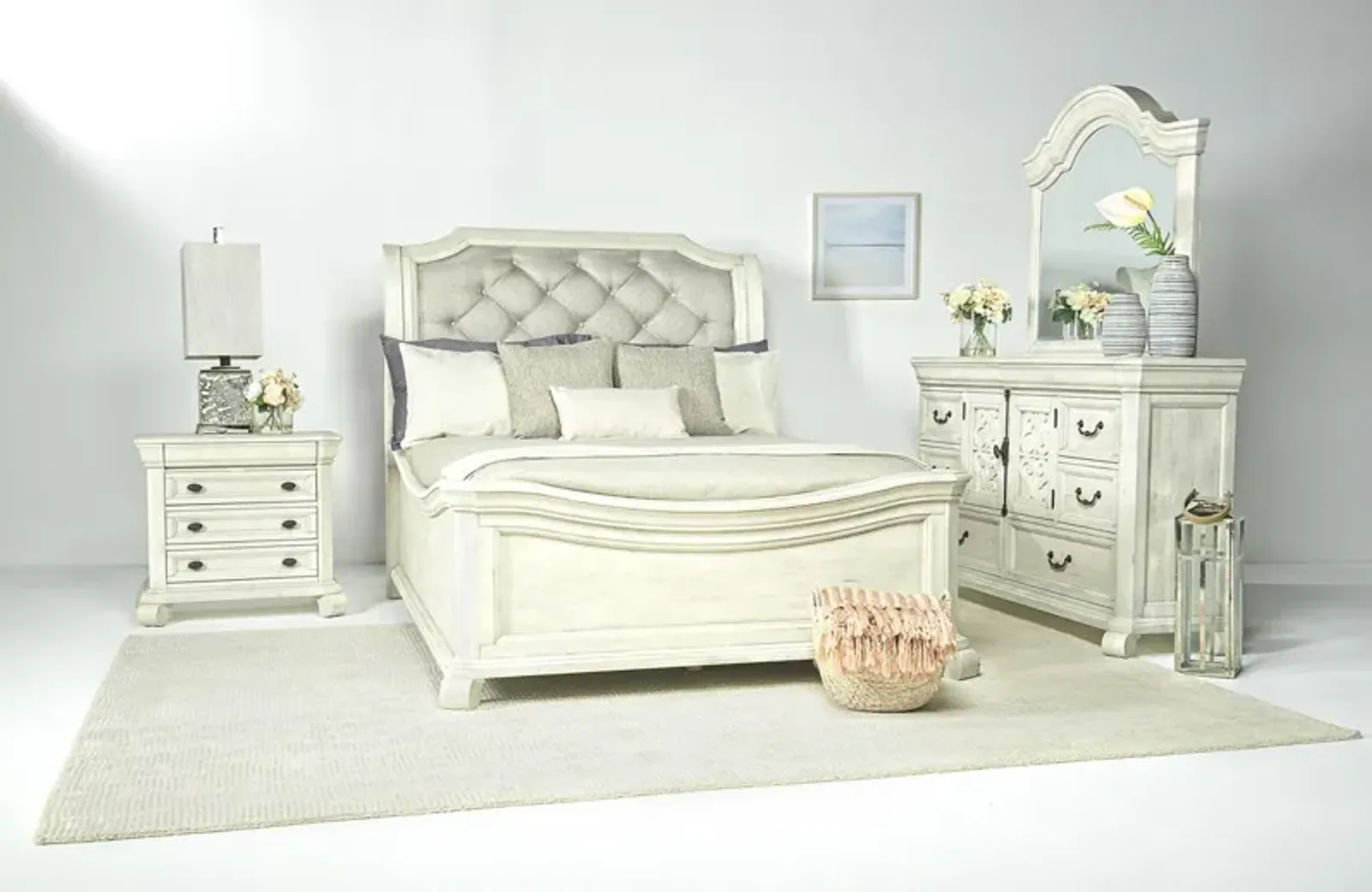 Bellamy Sleigh Bed, Dresser & Mirror in White, Queen