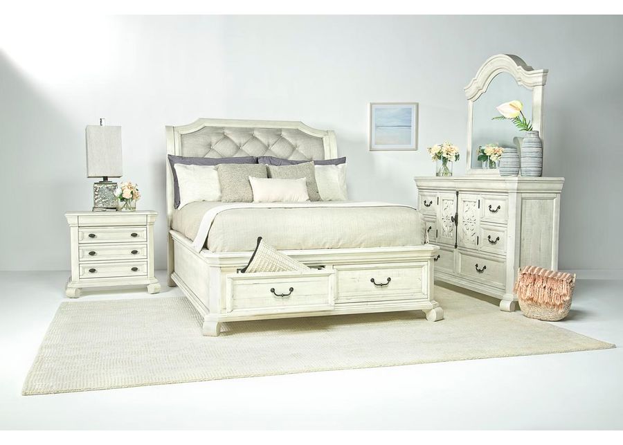 Bellamy Sleigh Bed w/ Storage, Dresser & Mirror in White, CA King