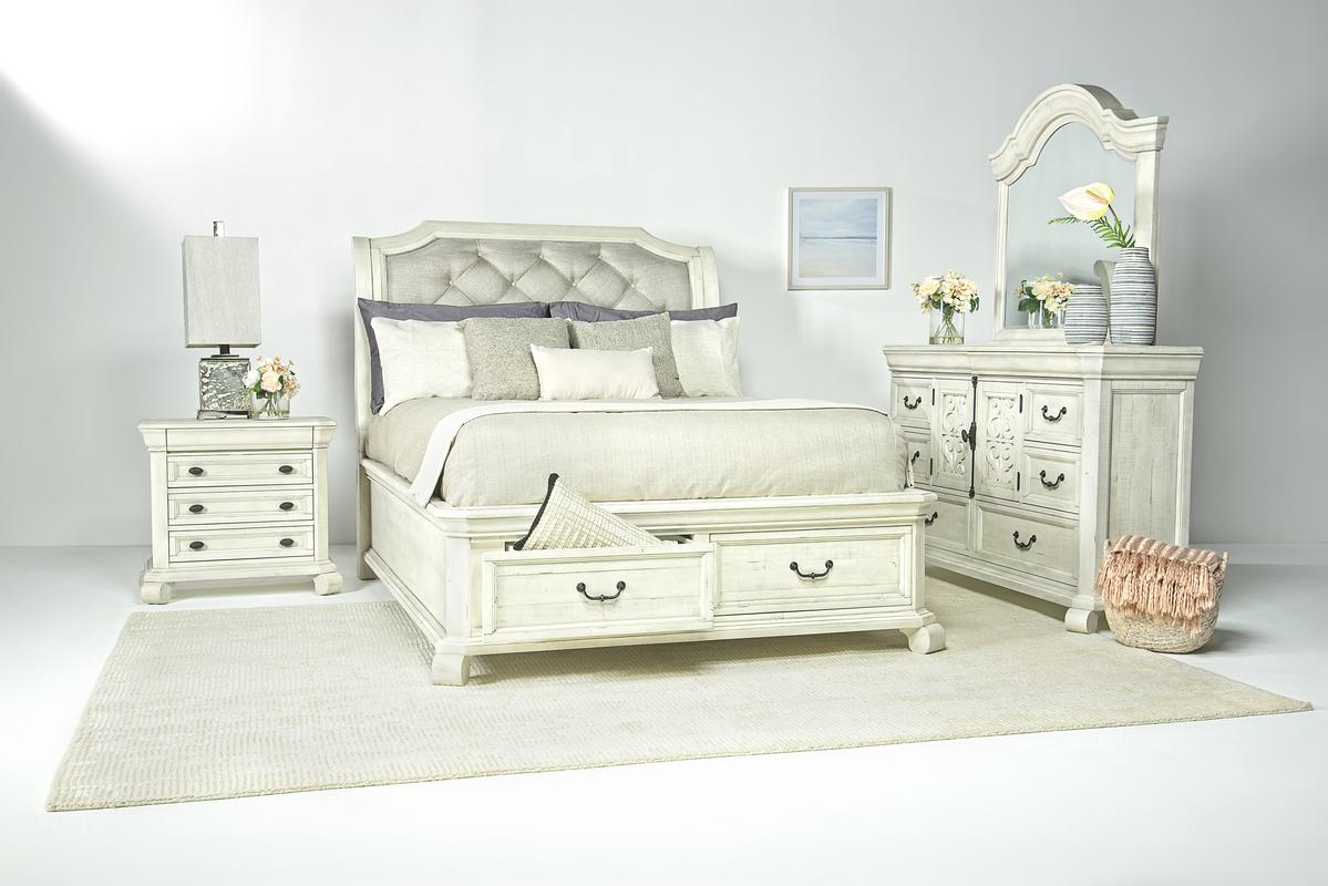 Bellamy Sleigh Bed w/ Storage, Dresser & Mirror in White, CA King