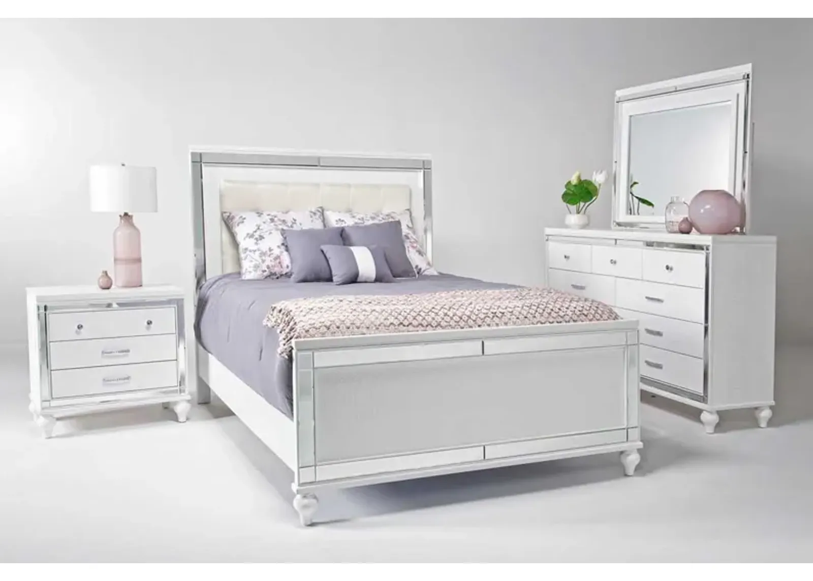 Valentino Panel Bed, Dresser, Mirror & Nightstand in White, Queen