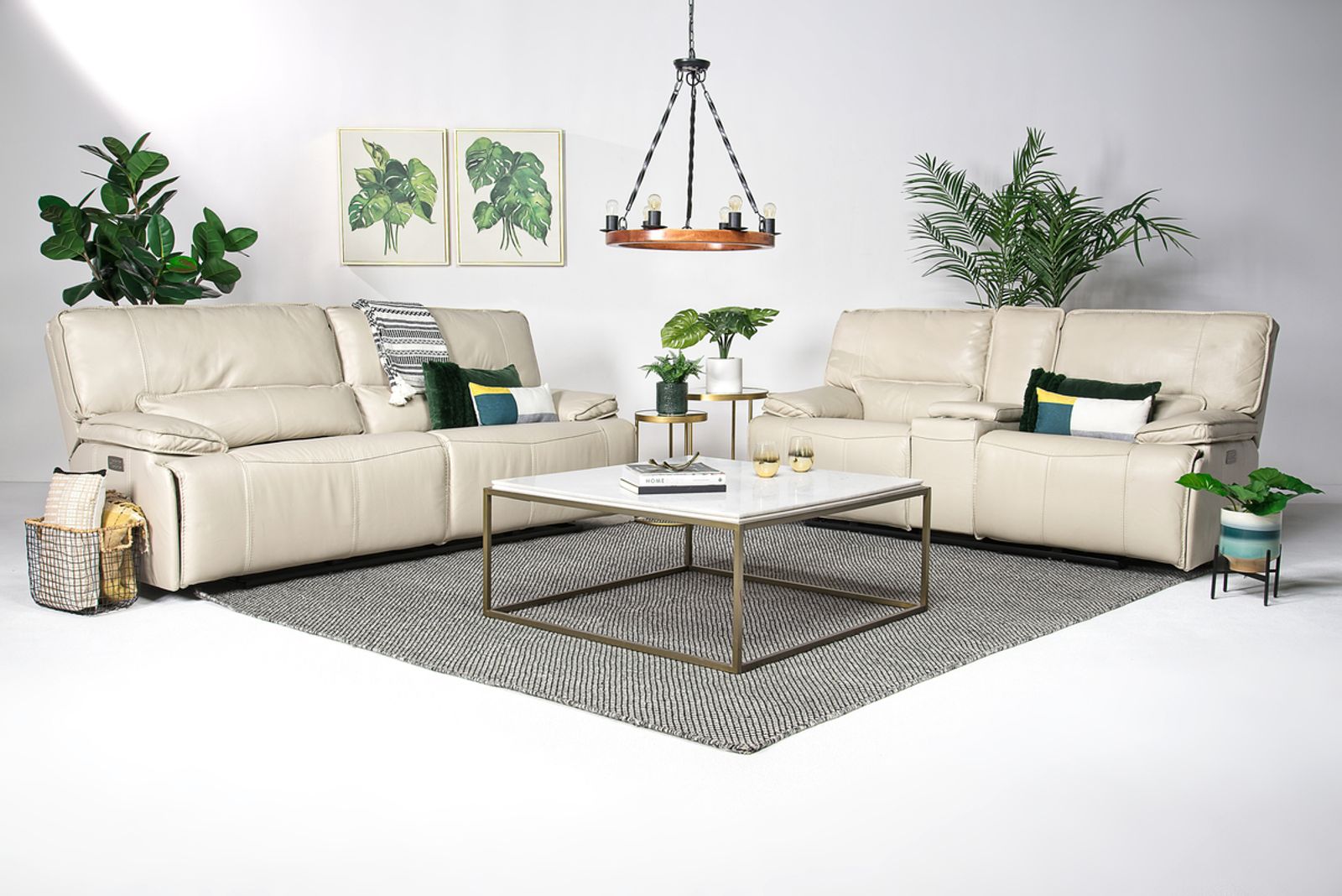 Sofia 3 Power Sofa & Console Loveseat in Cream Leather