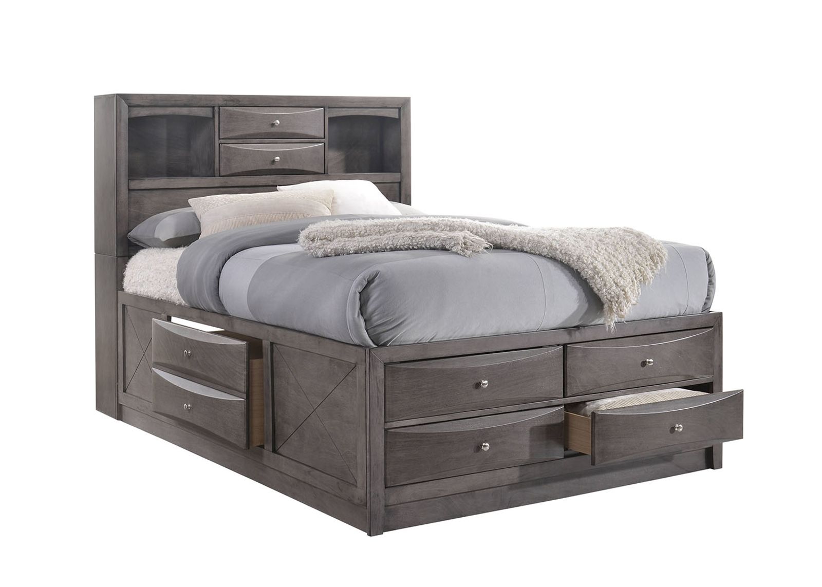 Remi Bookcase Bed w/ Storage in Gray, Queen