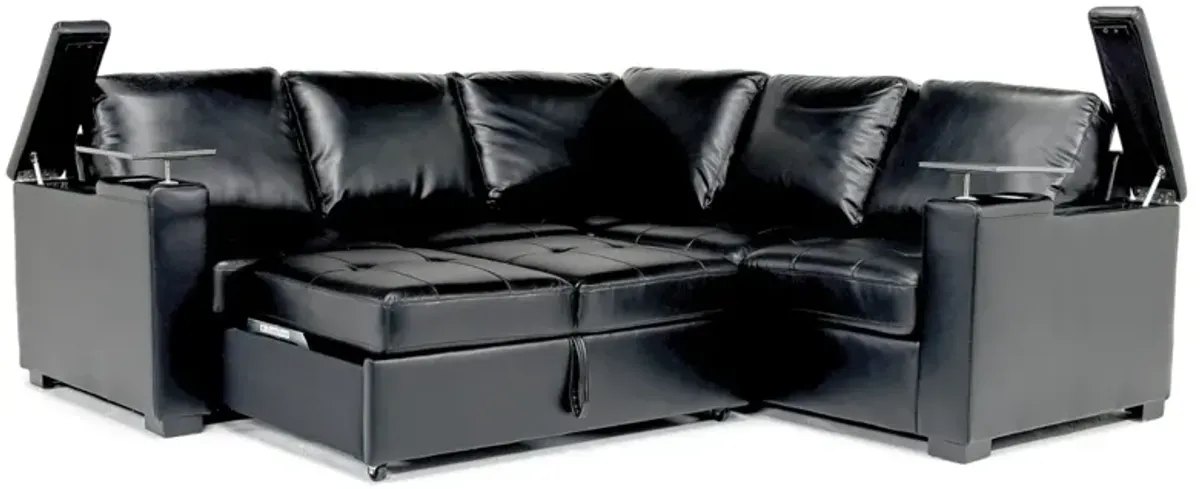 Luigi Full Tux Sleeper Sectional w/ USB Charger in Black, Left Facing