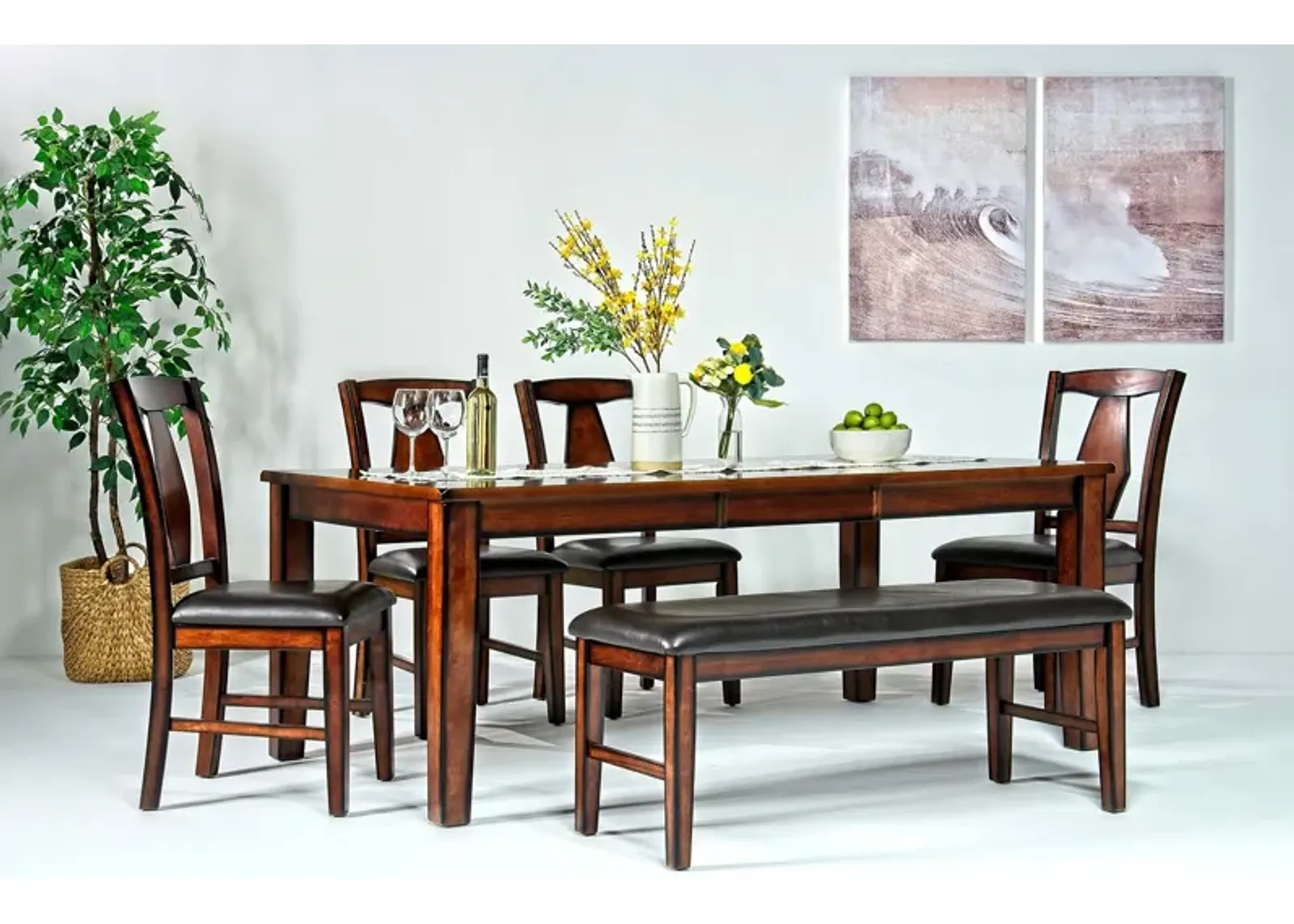 Napa Extendable Dining Table, 4 Chairs & Bench in Brown