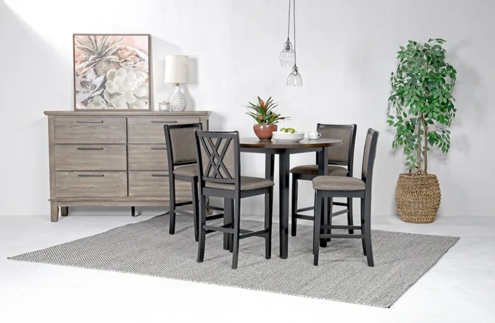 Potomac Round Counter Height Dining Table & 4 Stools in Brown / Black