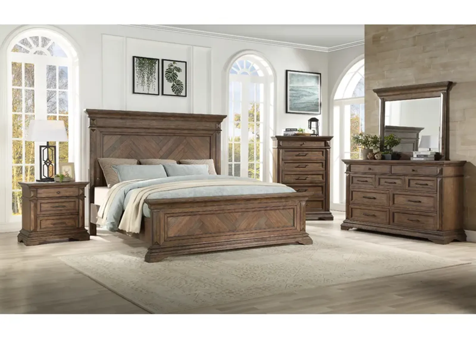 Jolie Vue Panel Bed, Dresser & Mirror in Brushed Walnut, Eastern King