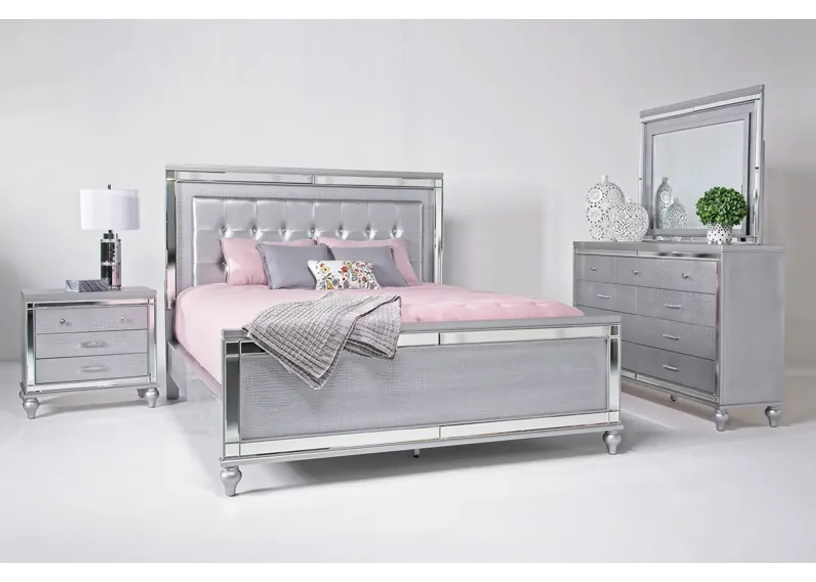 Valentino Panel Bed, Dresser, Mirror & Nightstand in Silver, Eastern King