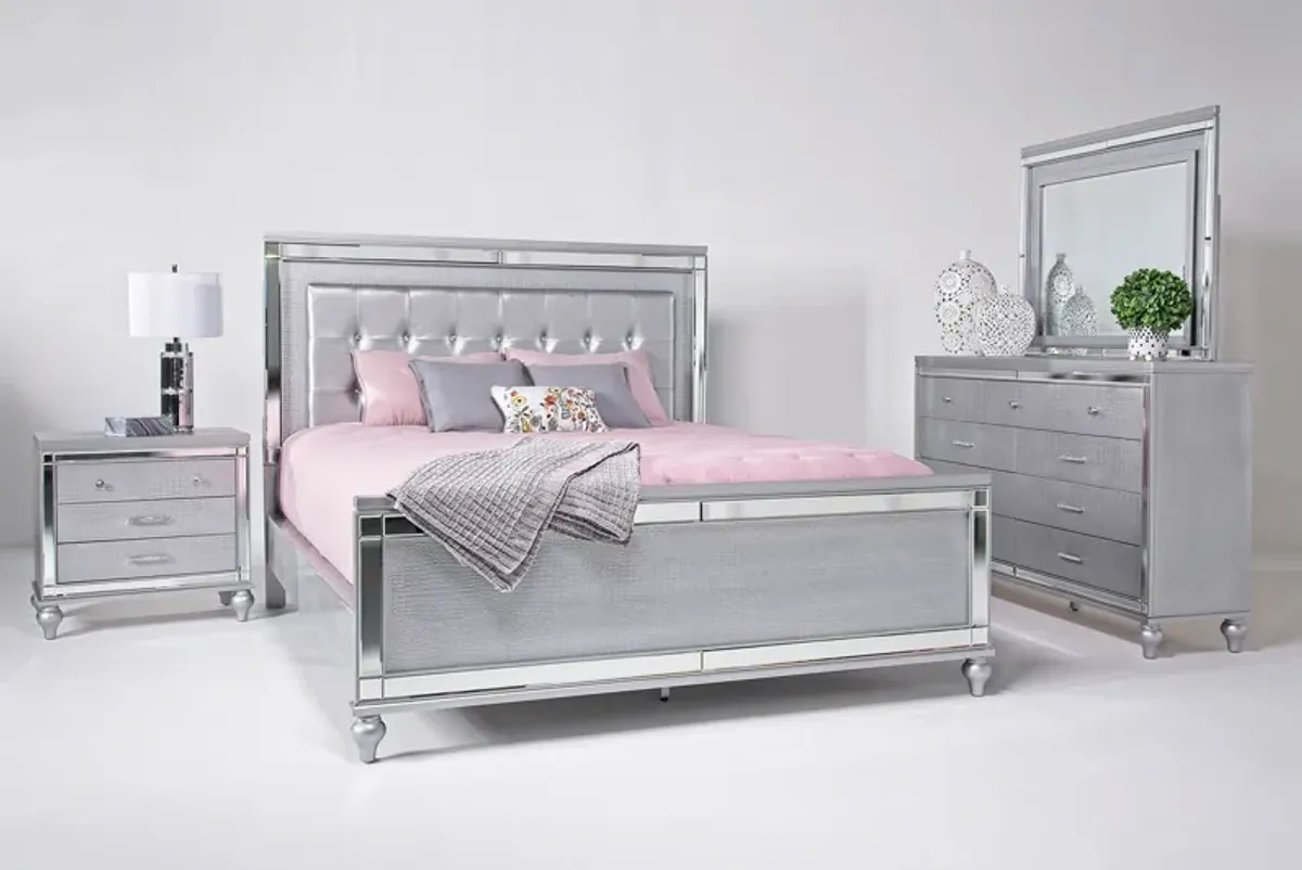 Valentino Panel Bed, Dresser, Mirror & Nightstand in Silver, Eastern King