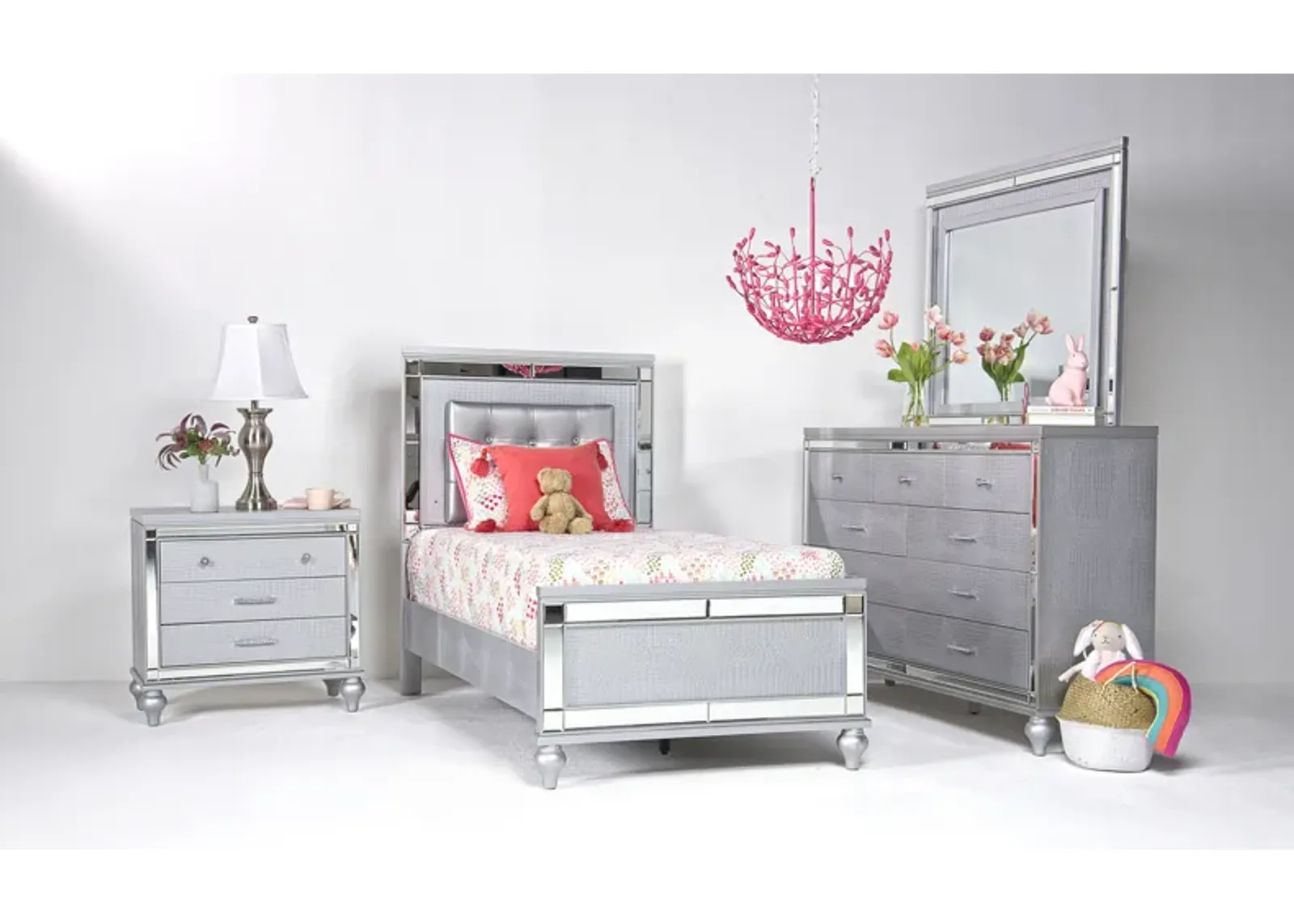 Valentino Panel Bed, Dresser, Mirror & Nightstand in Silver, Twin