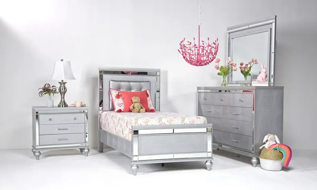 Valentino Panel Bed, Dresser, Mirror & Nightstand in Silver, Twin