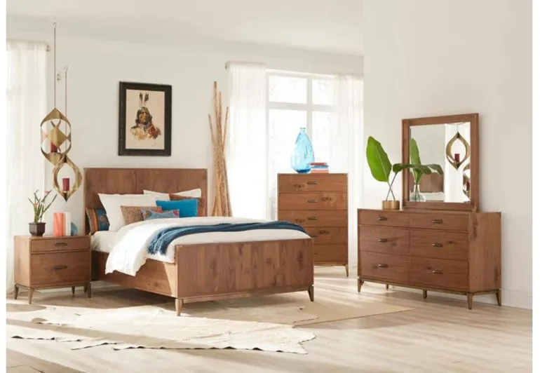 Adler Panel Bed, Dresser, Mirror & Nightstand in Natural Walnut, Queen