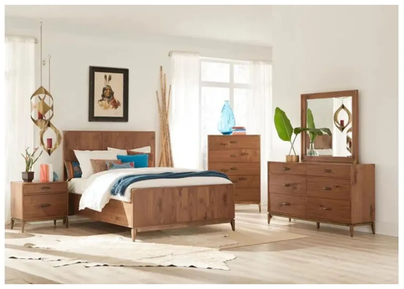 Adler Panel Bed, Dresser, Mirror & Nightstand in Natural Walnut, Eastern King