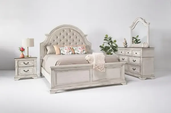 Anastasia Upholstered Panel Bed, Dresser, Mirror & Nightstand, CA King