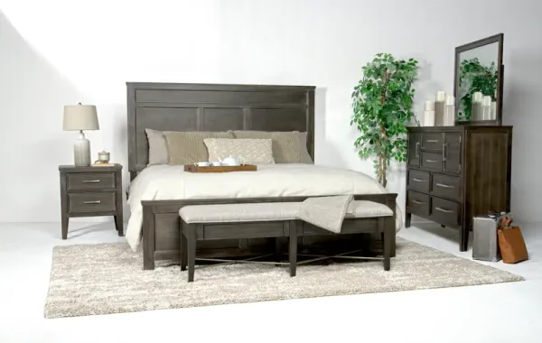 Andover Panel Bed, Dresser, Mirror & Nightstand in Nutmeg, Eastern King