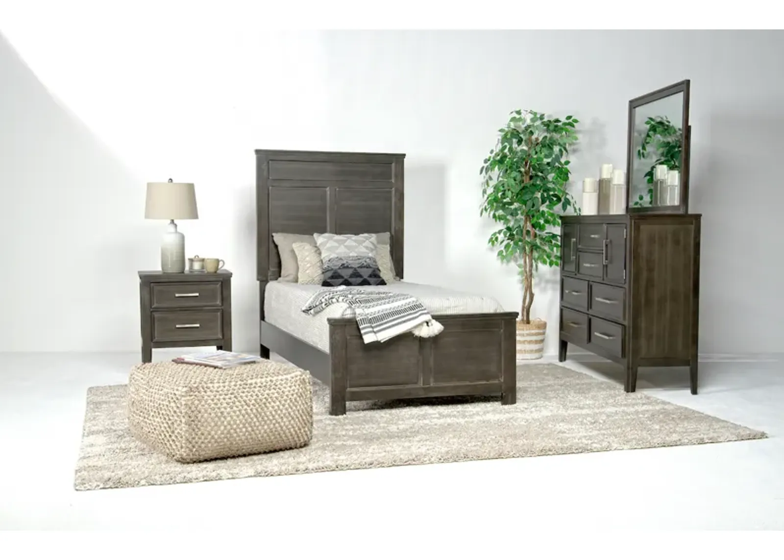 Andover Panel Bed, Dresser, Mirror & Nightstand in Nutmeg, Twin