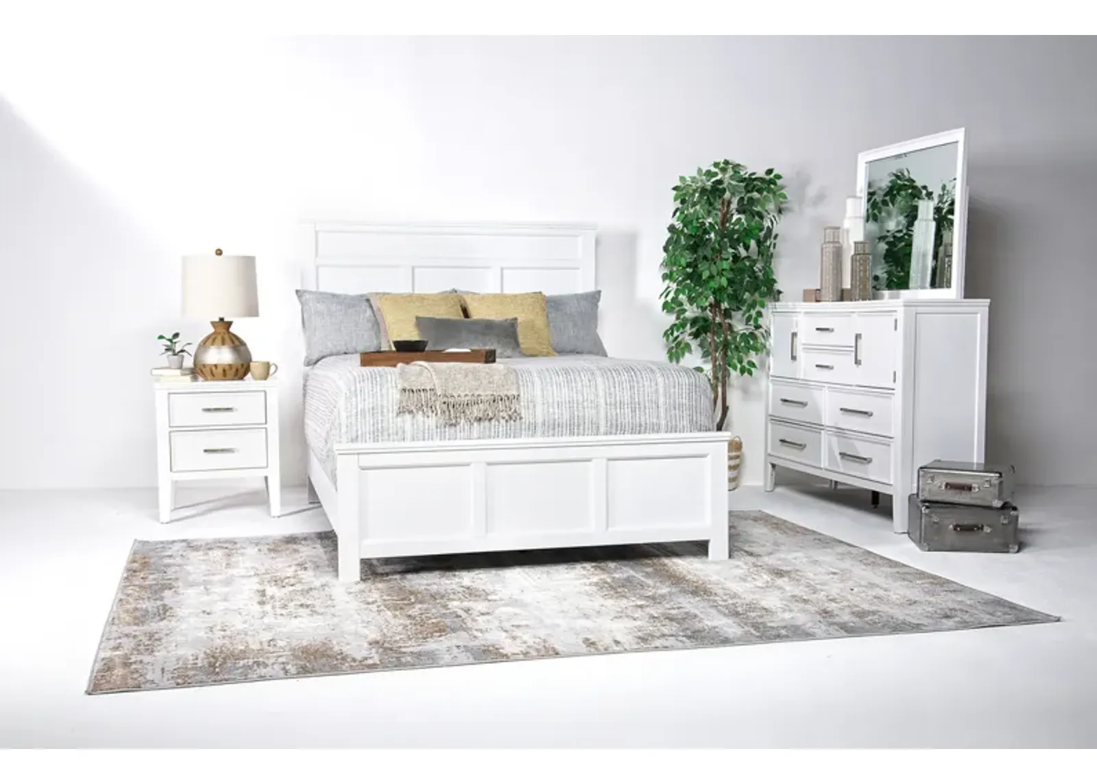 Andover Panel Bed, Dresser, Mirror & Nightstand in White, Queen